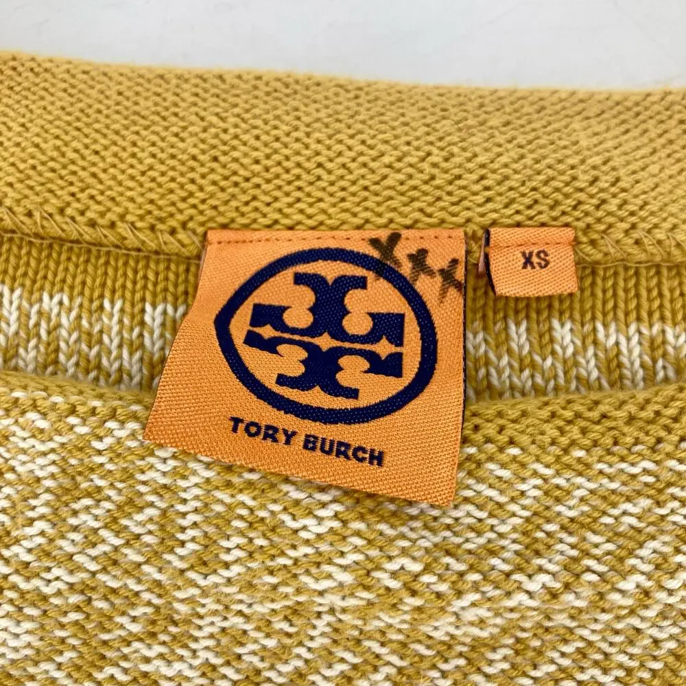 Tory Burch Women’s XS Gold Yellow Striped Cotton Pullover Sweater Pockets Button